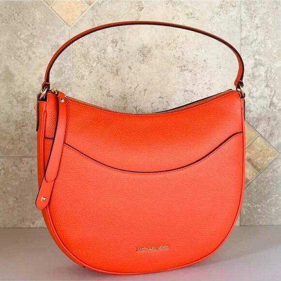 👑👜🔥MK MICHAEL KORS DOVER LG HALF-MOON HOBO PEBBLED LEATHER SHOULDER BAG POPPY - Picture 8 of 9